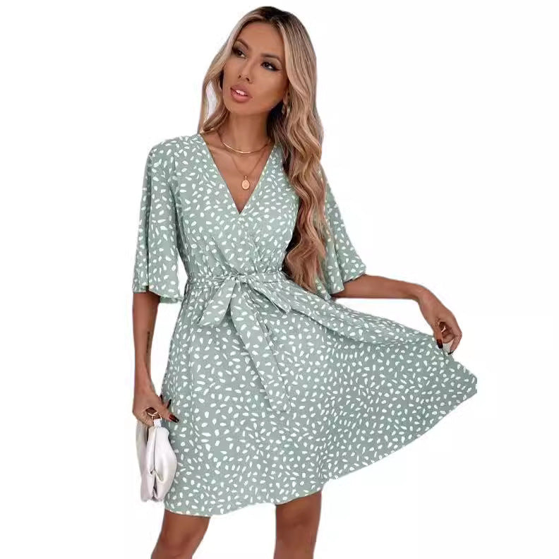 Women's Casual Printed V-Neck Short Sleeve Tight Waist A-Line Dress
