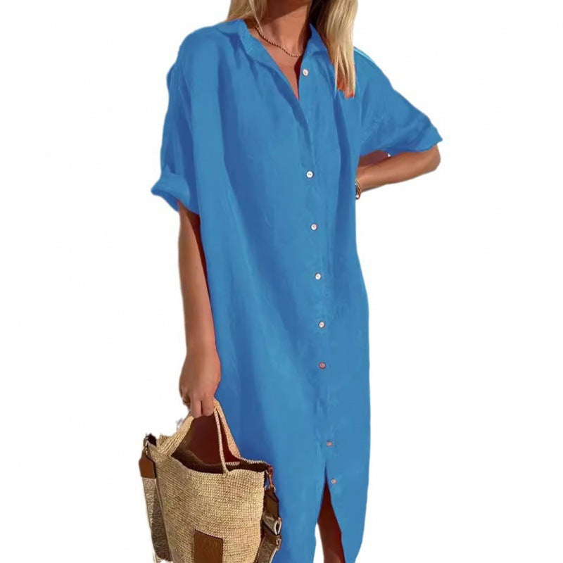 Women's Casual Cotton Linen Solid Color Short Sleeve Lapel Pocket Midi Dress