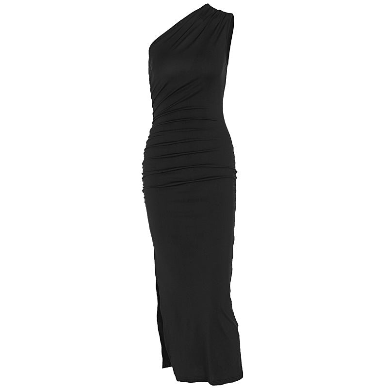 Summer Oblique Shoulder Solid Color Split Slim-Fit Maxi Dress, Women