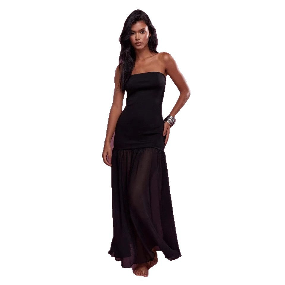 Women's Sexy Mesh Stitching Strapless Maxi Dress