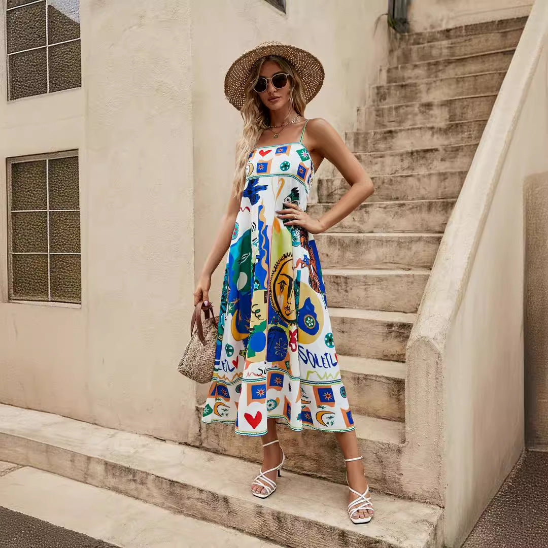 Women's Summer Casual Graffiti Print Sling Dress
