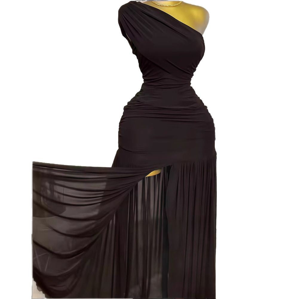 Women's Sexy Solid Color Slant Shoulder Sleeveless Pleated Split Dress