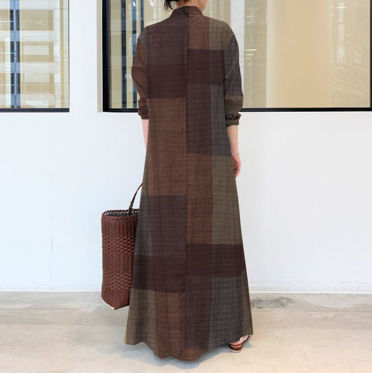 Women's Casual Loose Plaid Print Long Sleeve Shirt Maxi Dress