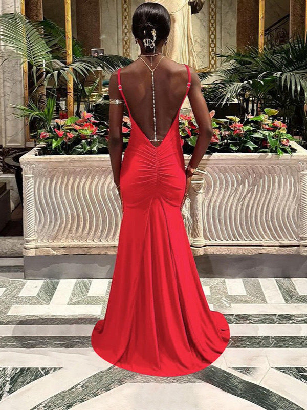 Women's Sexy Elegant Solid Color Spaghetti Strap Backless Slim-Fit Long Dress