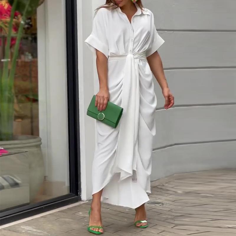 Women's Elegant Solid Color Lapel Short Sleeve Defined Waist Pleated Shirt Dress