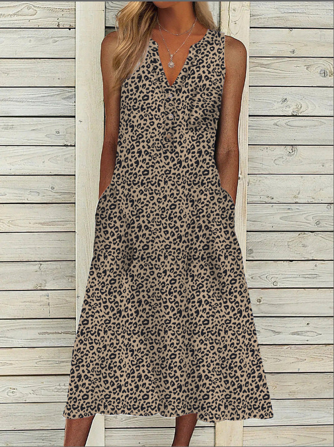 Women's Casual V-Neck Leopard Polka Dot Plaid Print Loose Midi Dress