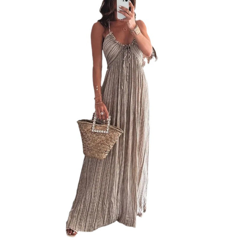Women's Summer Solid Color Sexy Backless U-Collar Strap Maxi Dress