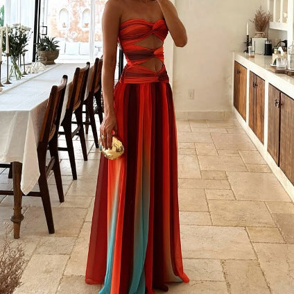 Women's Sexy Vacation Gradient Hollow-Out Tube Top Maxi Dress