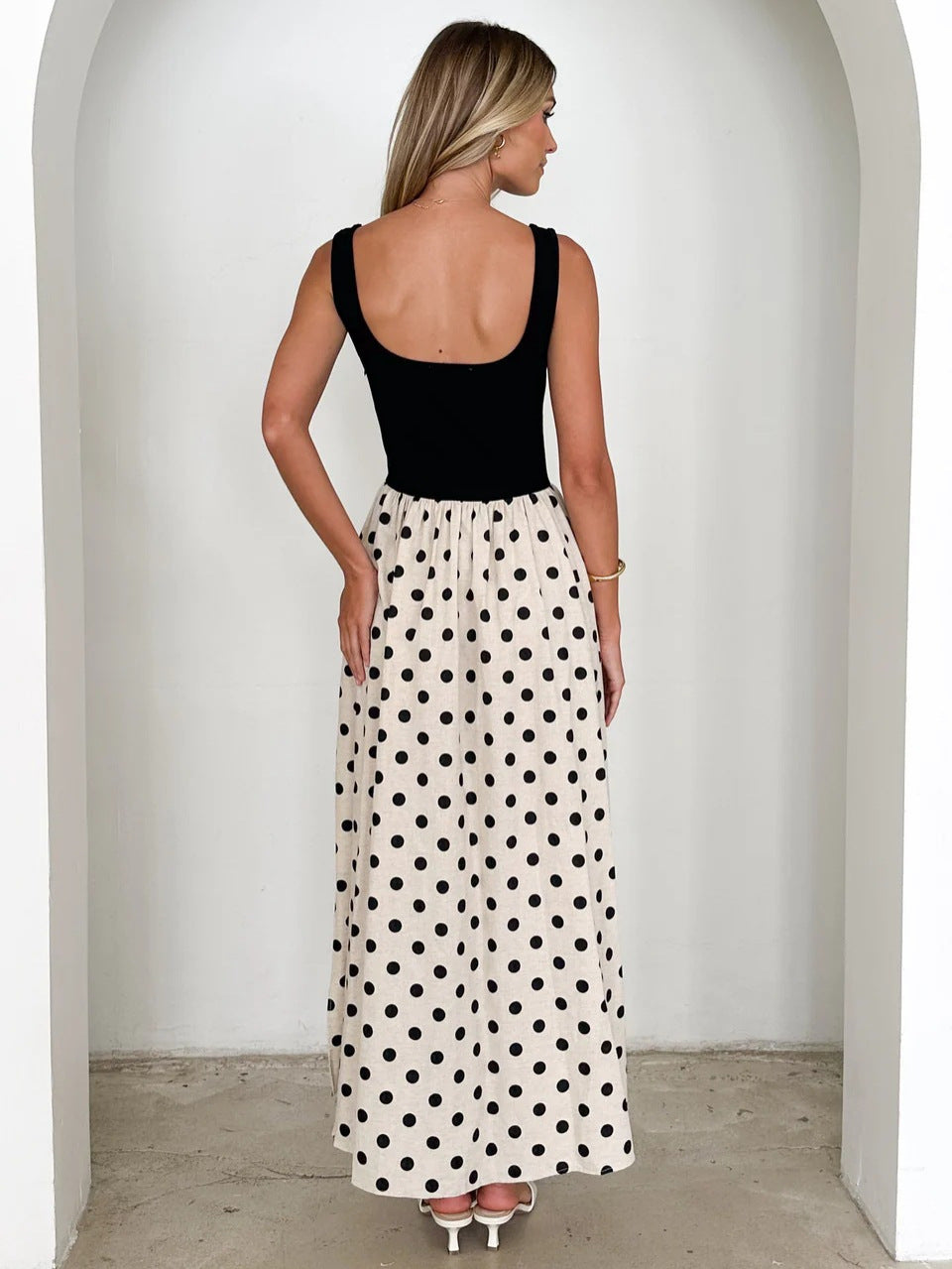 Women's Spring and Polka Dot Print U-Neck Sleeveless Large Swing A-Line Dress