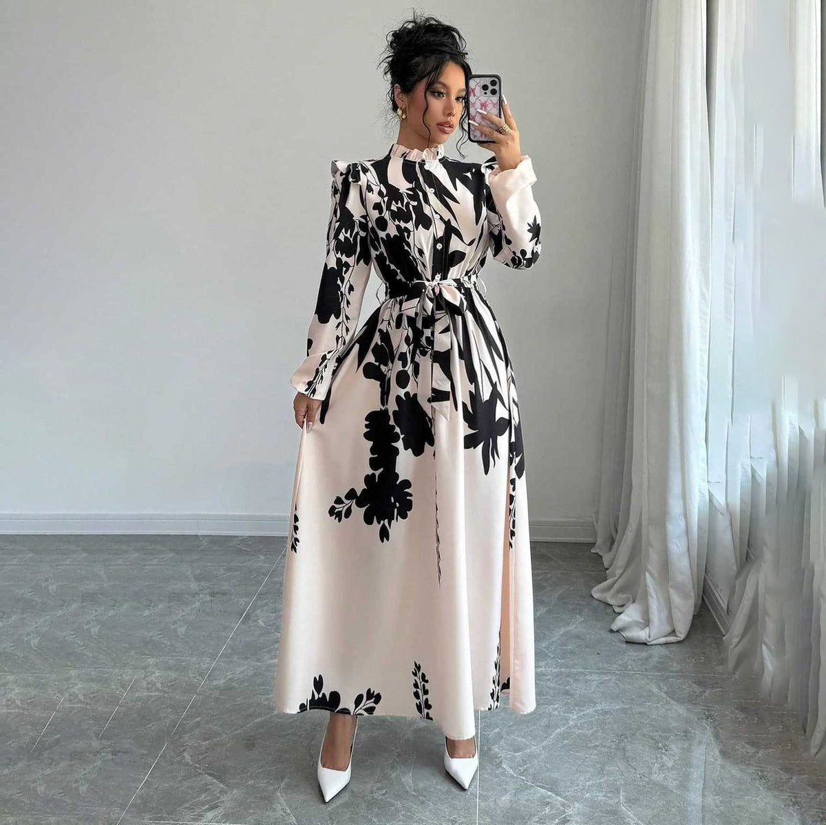Women's Elegant Floral Printed Long Sleeve Lace-Up Front Buckle Dress