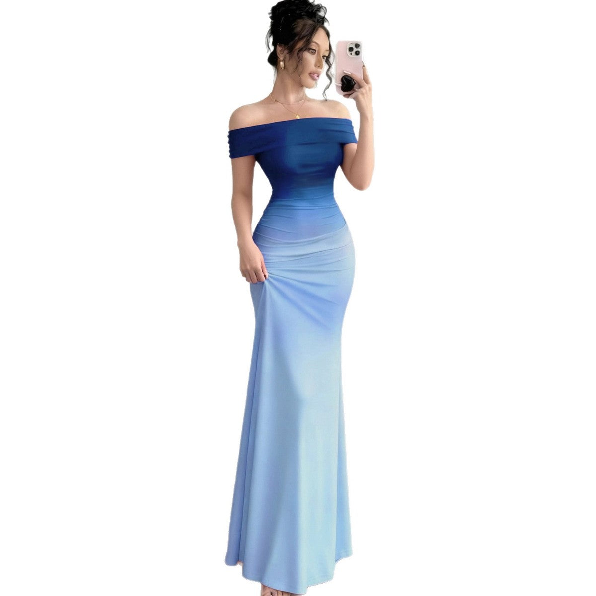 Women's Elegant Gradient Off-Shoulder Short Sleeve Slim Fit Dress