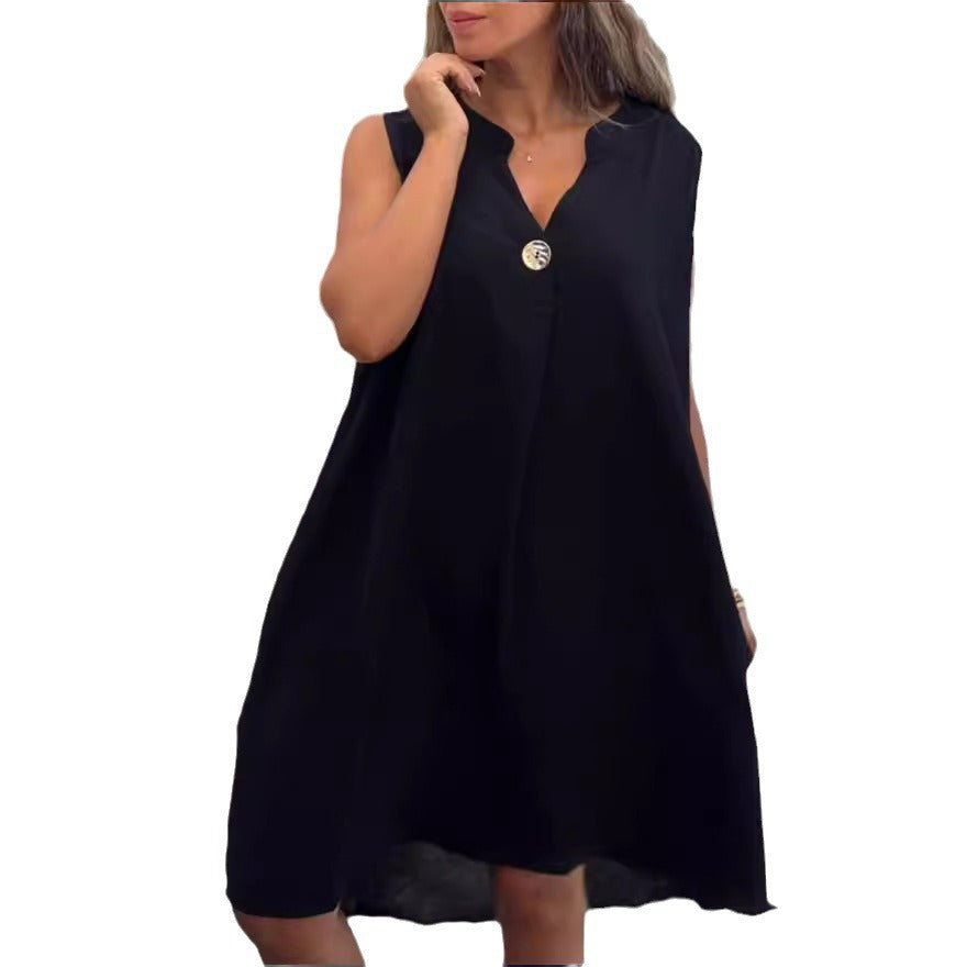 Women's Summer Casual V-Neck Solid Color Sleeveless Midi Dress