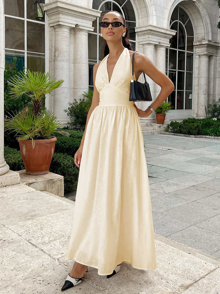 Women's Solid Color Cotton and Halter-Neck V-Neck Tight Waist Strap A-Line Dress
