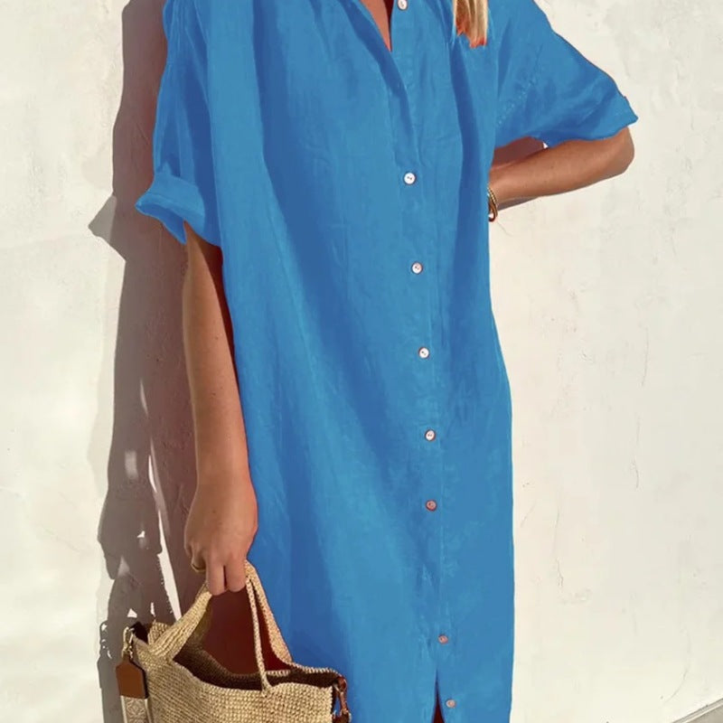 Women's Elegant Short Sleeve Button Cotton Linen Long Pocket Maxi Shirt Dress