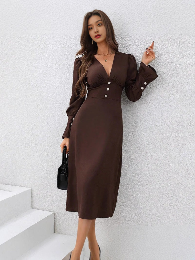 Women's Elegant V-Neck Long Sleeve Solid Color Midi Dress