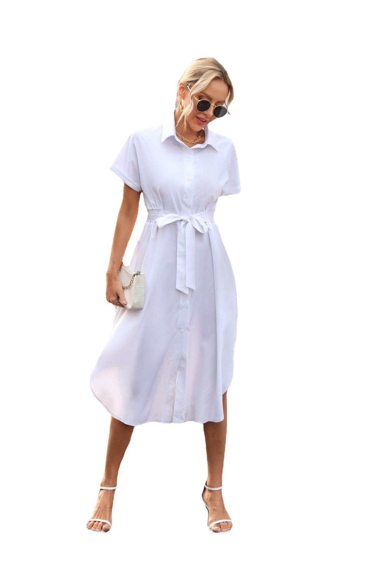 Women's Casual Summer Solid Color Lapel Short Sleeve Loose Dress