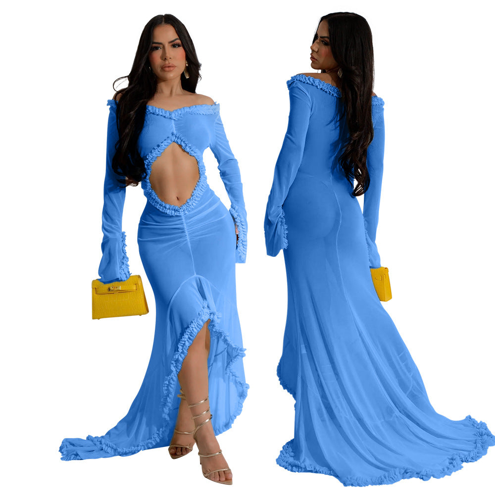 Women's Sexy V-Neck Solid Color Long Sleeve Off-Shoulder Wrap Hip Maxi Dress