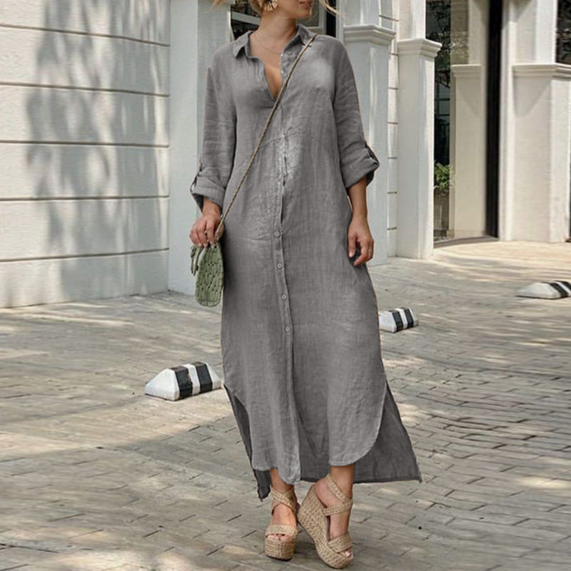 Women's Summer Casual Breathable Cotton Linen Shirt Collar Button-Up Maxi Dress