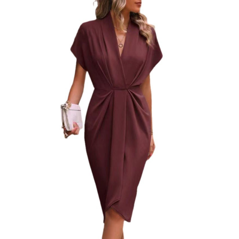 Women's Casual Polyester Midi Dress, with V-Neck