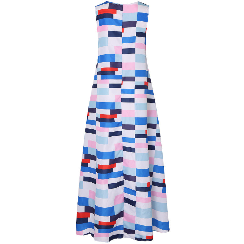 Women's Boho V-Neck Sleeveless Retro Print Color Block Stitching Maxi Dress