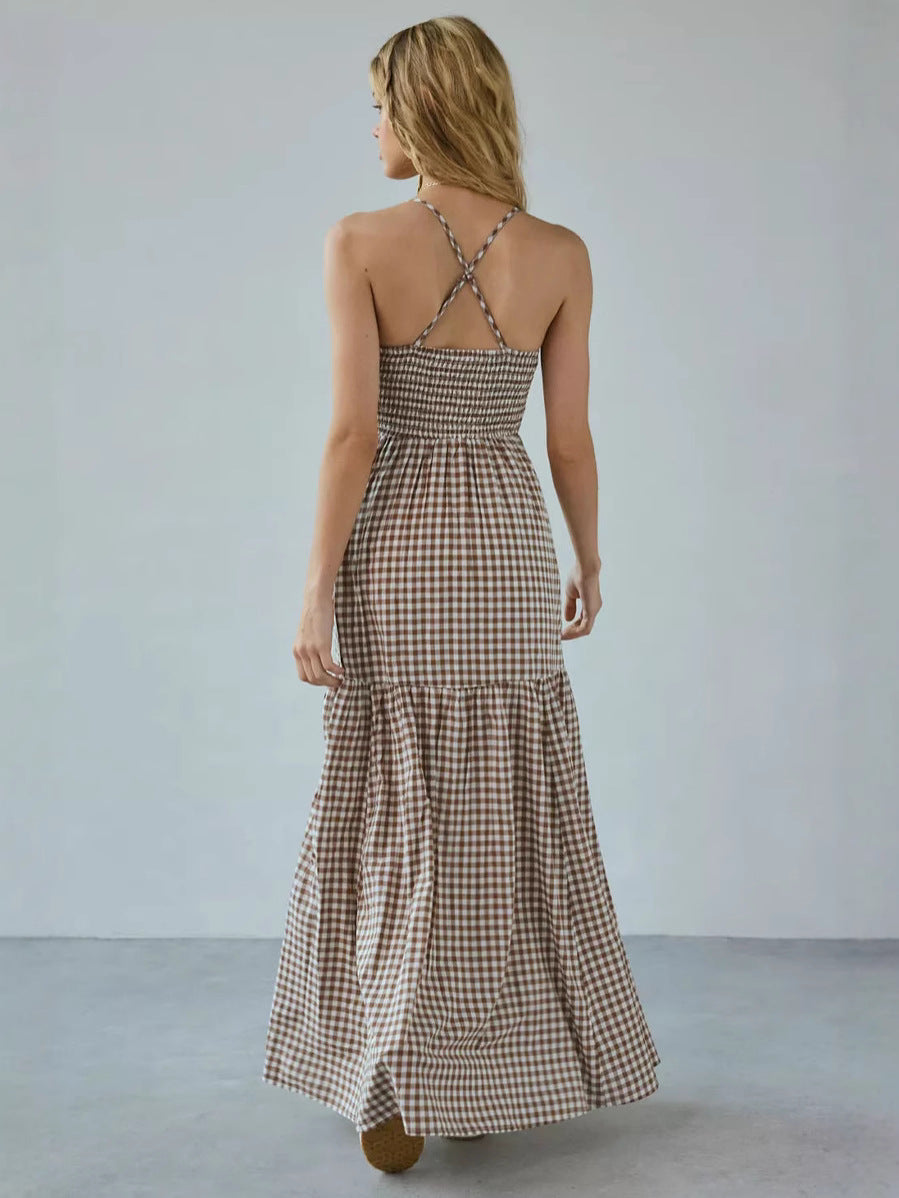 Women's Summer Vacation Casual Vintage Plaid Print Sling Maxi Dress