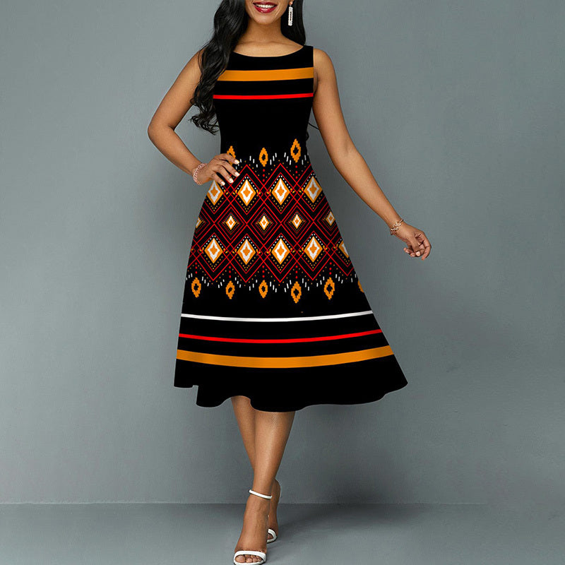 Women's Round Neck Short Sleeves Stripe Color Blocking Summer Swing Dress