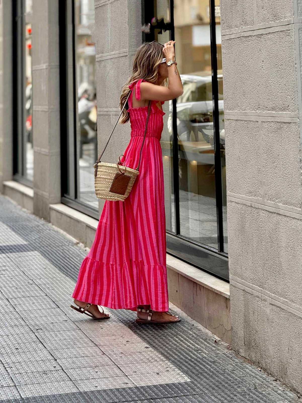 Women's Casual Summer Stripe Print Lace-Up Waisted A-Line Dress