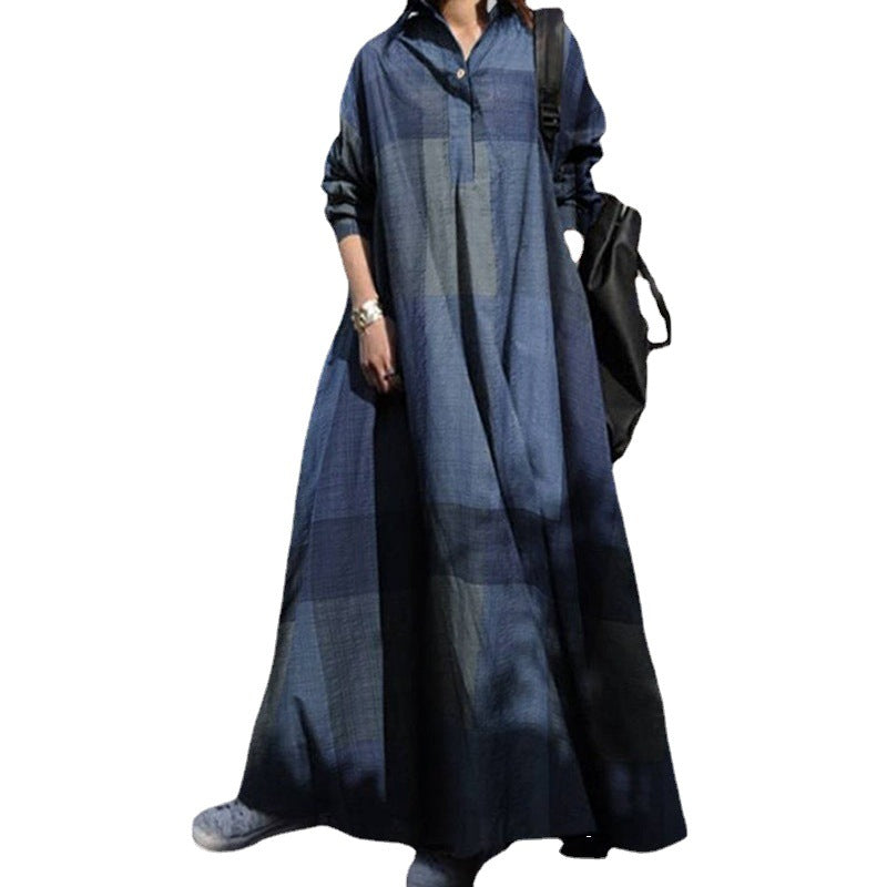 Women's Casual Retro Cotton-Linen Plaid Printed Long Sleeve Loose Dress