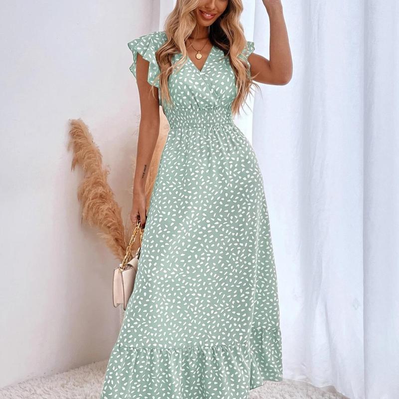 Women's Spring Summer Polka Dot Print V-Neck Defined Waist Ruffled Maxi Dress