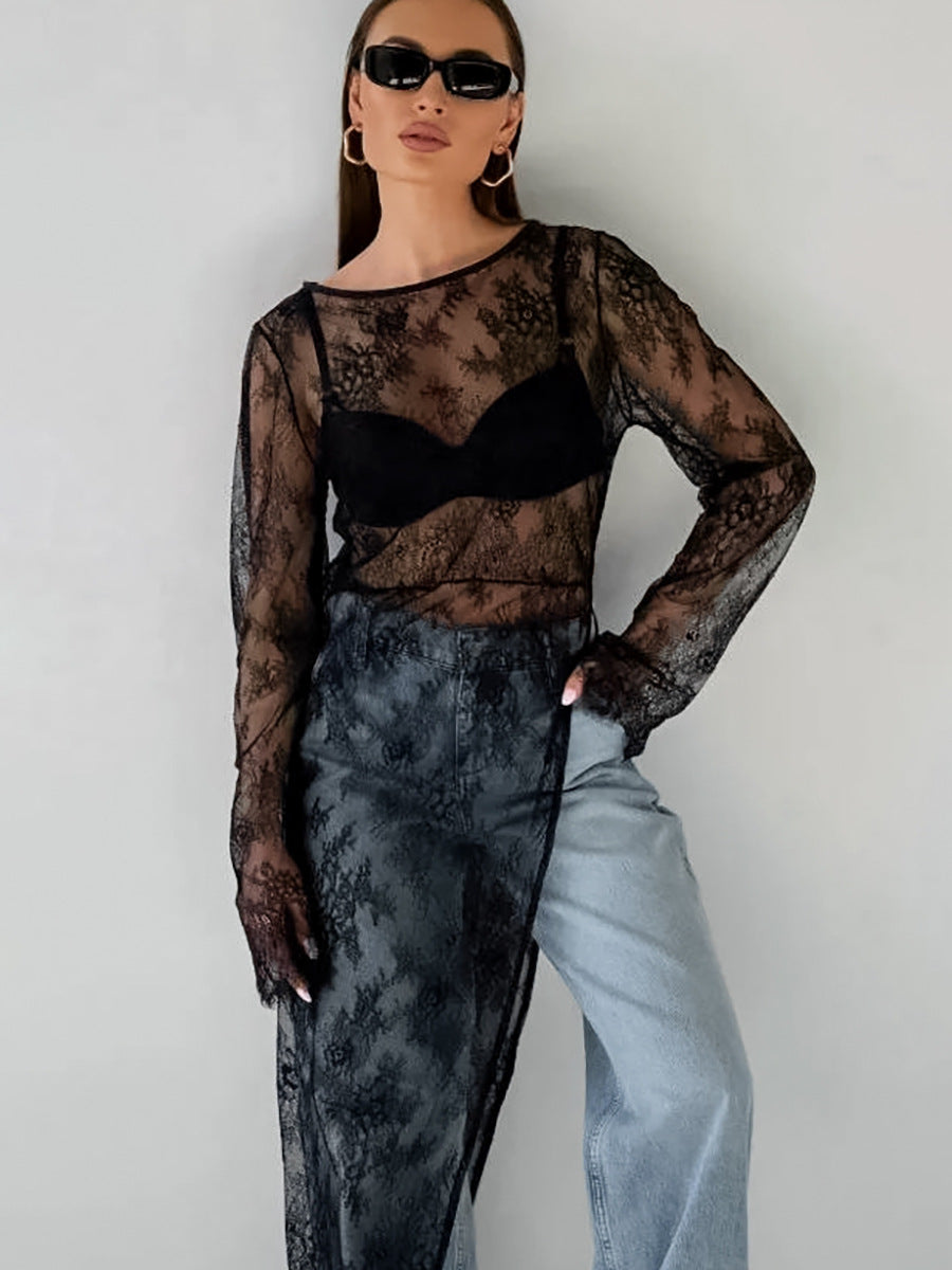 Women's Sexy Perspective Lace Round Neck Long Sleeve Asymmetry Split Maxi Dress