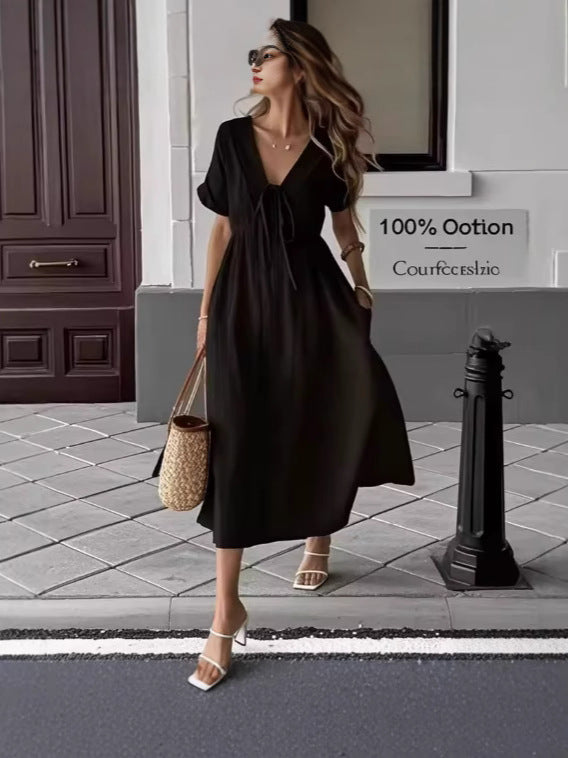 Women's Casual Summer Solid Color V-Neck Short Sleeve Loose A-Line Dress