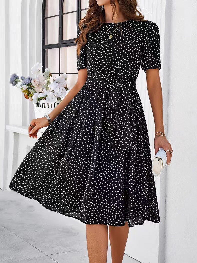 Women's Spring and Summer Polka Dot Print Short Sleeve Lace-Up A-Line Dress