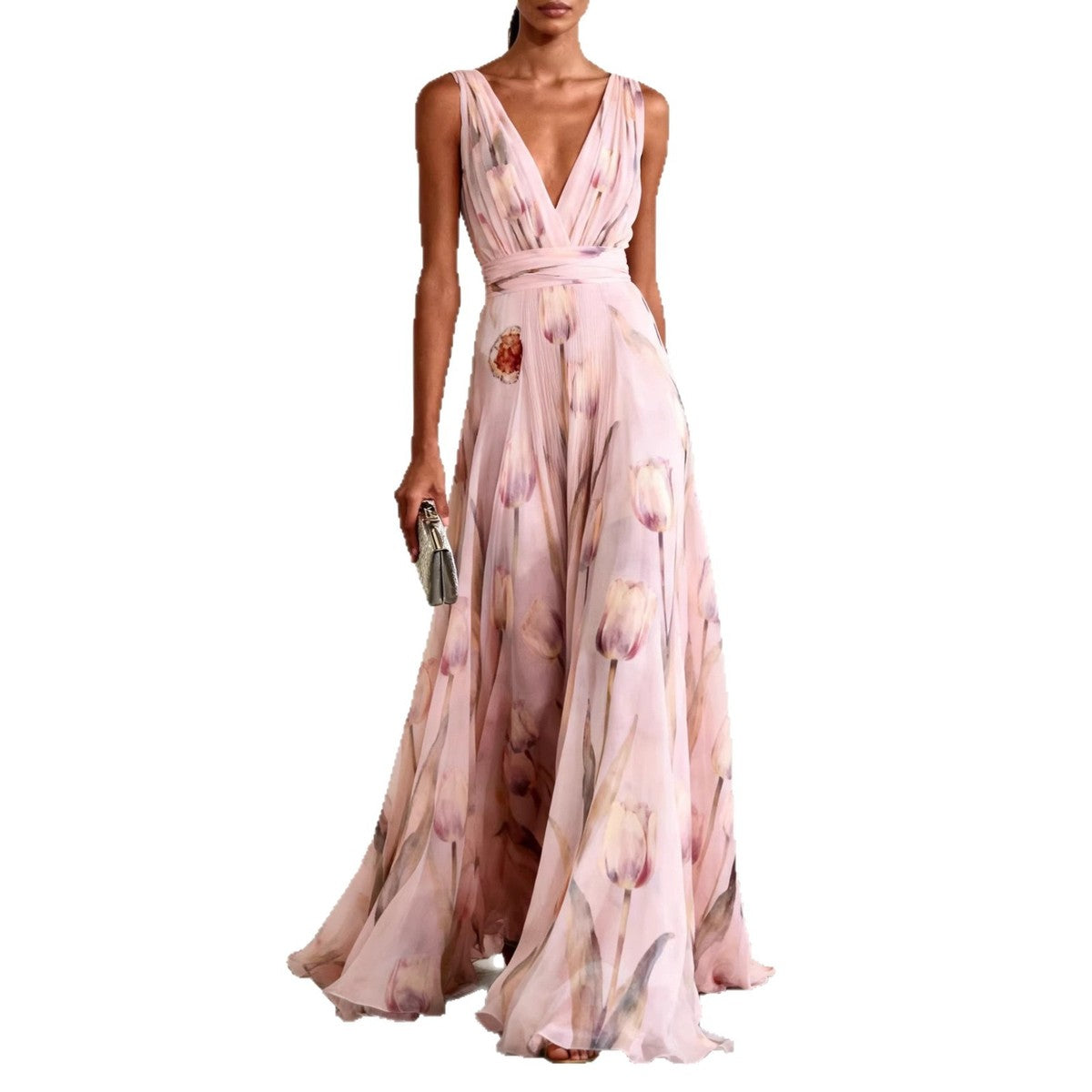 Women's Casual Flower Printed V-Neck Sleeveless Large Swing A-Line Dress