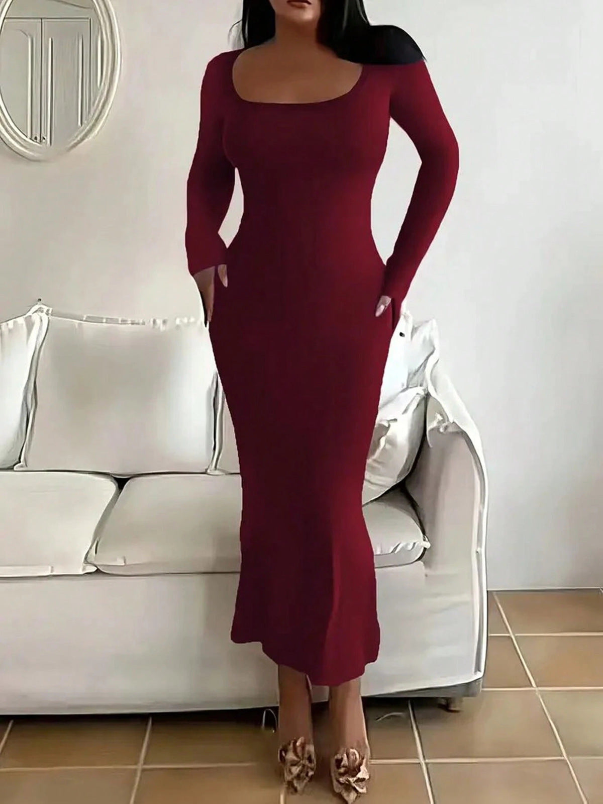 Women's Autumn Winter Slim-Fit Square Neck Long Sleeve Solid Color Maxi Dress
