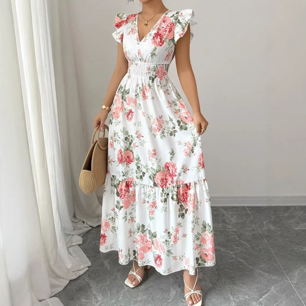 Women's Casual Elegant Summer Floral Print Hem V-Neck Short Sleeve A-Line Dress