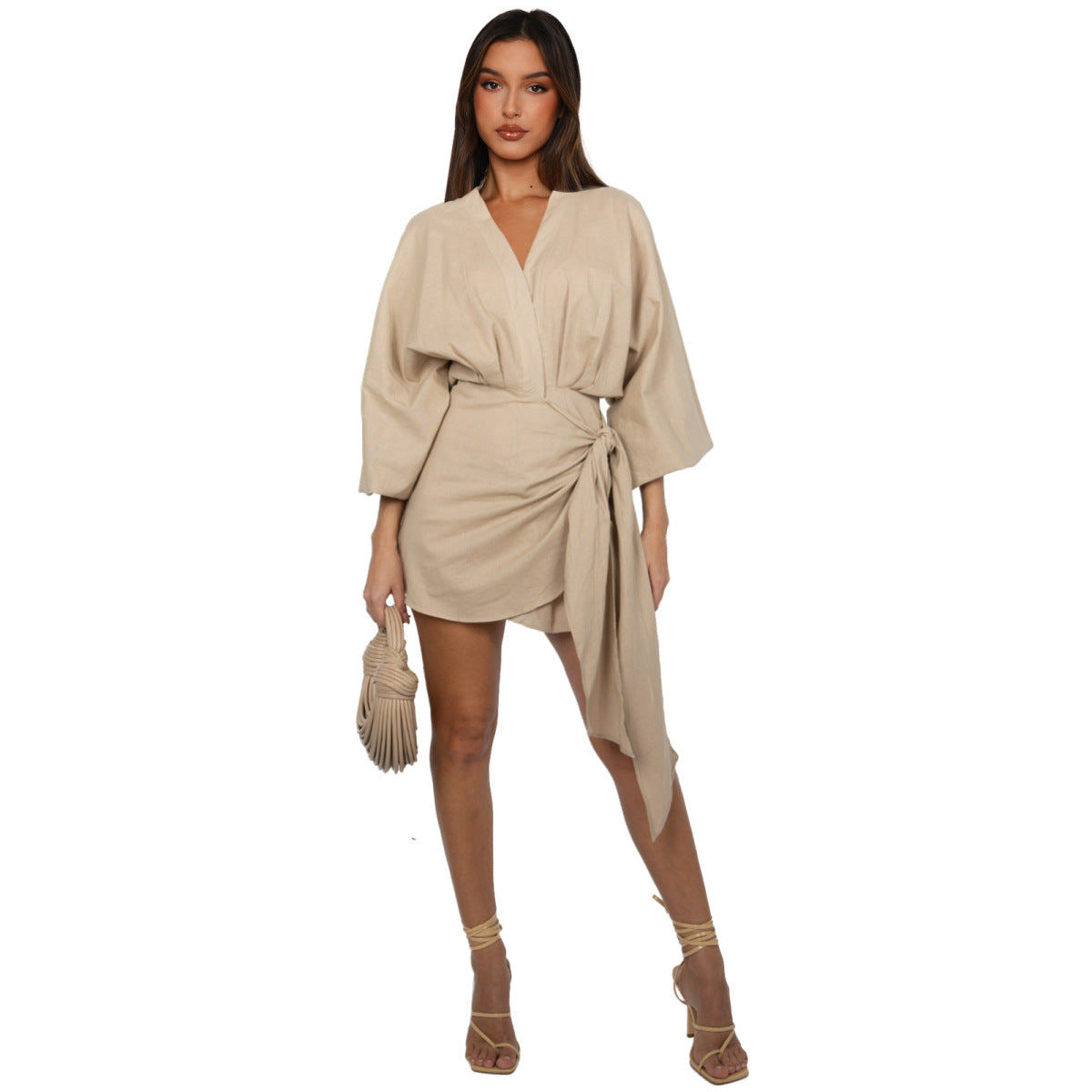 Women's Linen V-Neck Mid-Length Puff Sleeve Solid Color Dress
