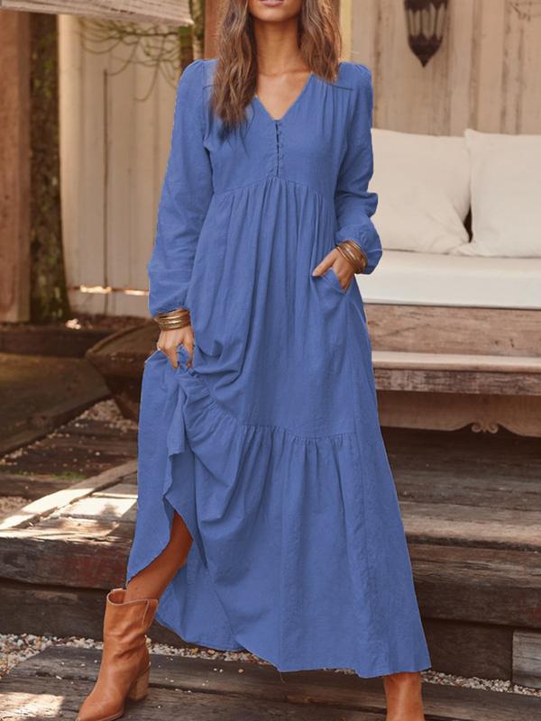Women's Autumn Winter Cotton Linen Retro Casual Long Sleeve Loose Maxi Dress