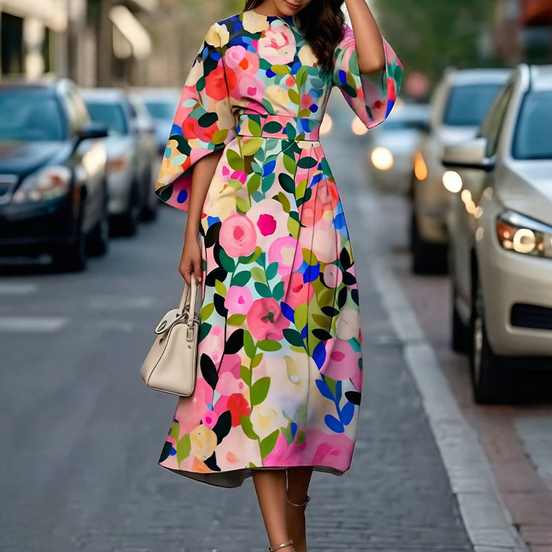 Women's Casual Summer Flower Printed Short Sleeve A-Line Dress