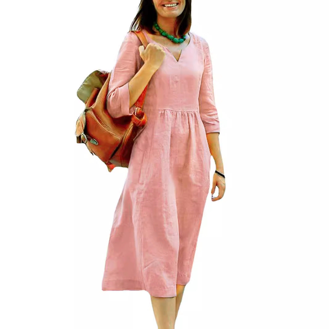 Women's Plus Size Summer Cotton Linen V-Neck Casual Midi Dress