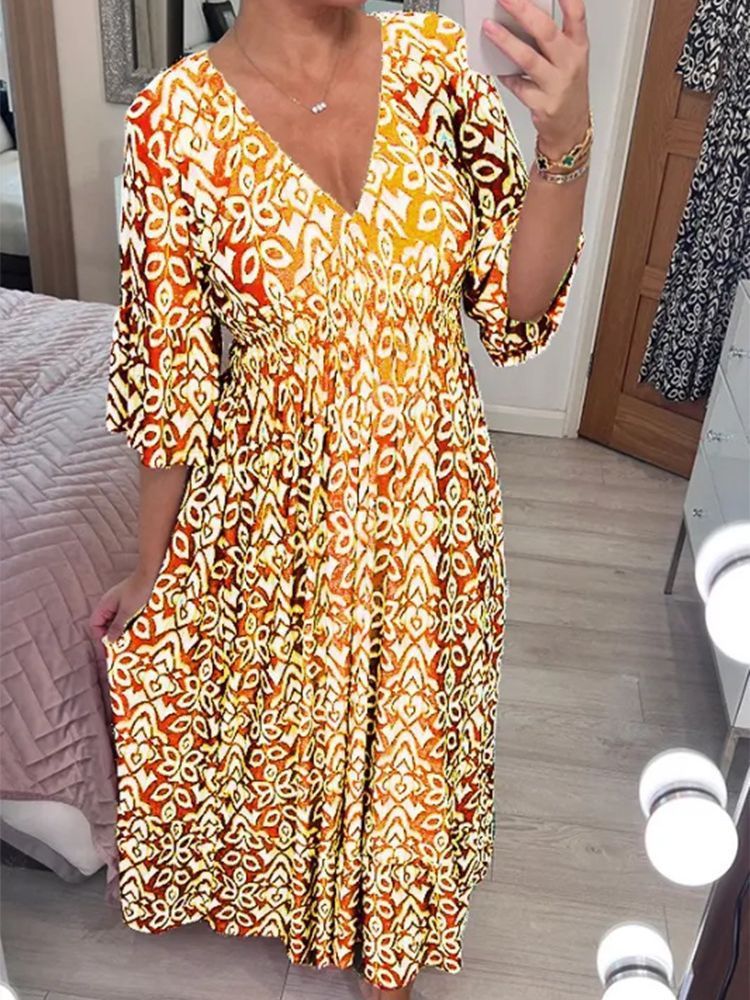 Women's Casual V-Neck Tiny Flower Print Maxi Dress