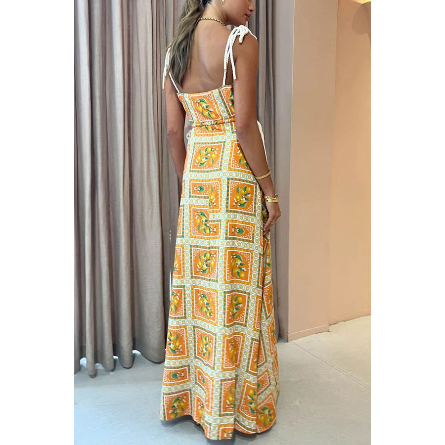 Women's Casual Vacation Printed Hollow-Out Spaghetti Strap Drawstring Dress