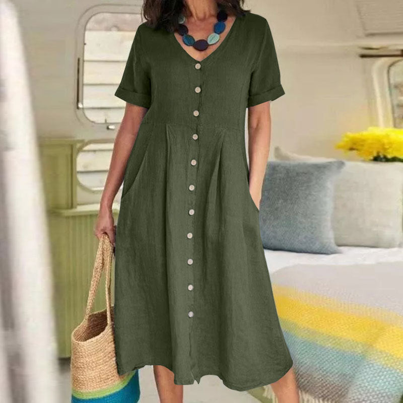 Spring and Summer Solid Color High Waist Cotton Linen Short Sleeve Midi Dress