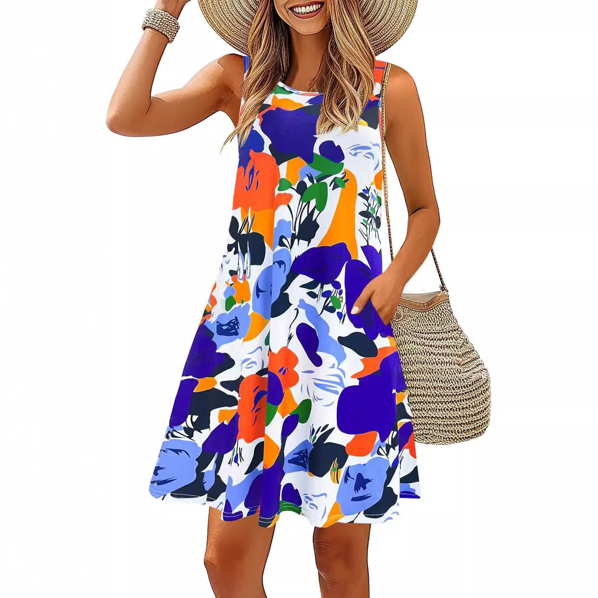 Women's Casual Printed Sleeveless Round Neck A-Line Midi Dress, with Pockets