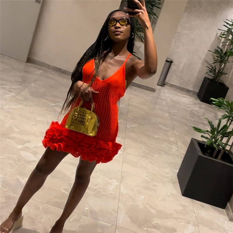 Women's Sexy Spice Strap Backless V-Neck Low-Cut High Waist Flower Bud Dress