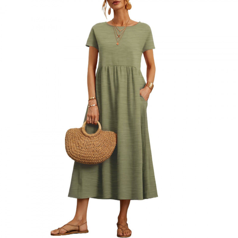 Women's Casual Summer Solid Color Ice Silk Round Neck Short Sleeve Loose Dress