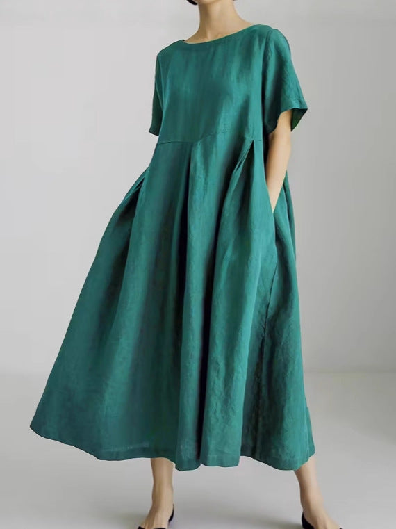 Women's Casual Solid Color Cotton and Linen Round Neck Short Sleeve Loose Dress
