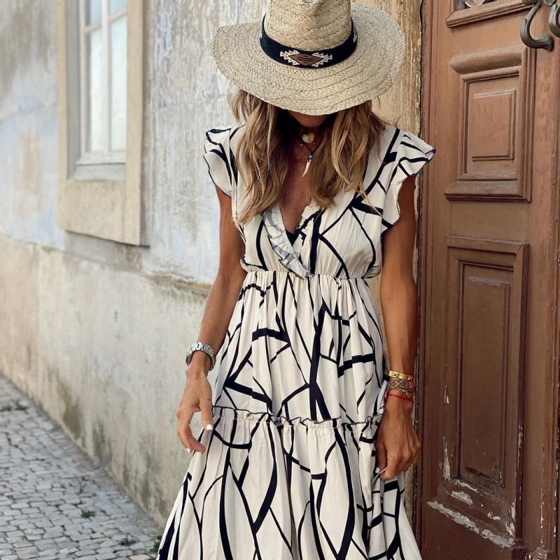 Women's Vacation Casual Geometric Print V-Neck Ruffled Maxi Dress