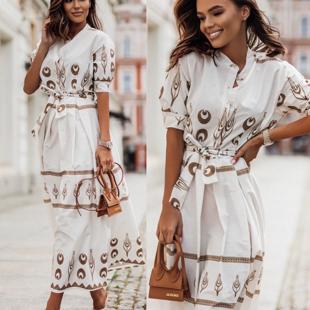 Women's Printed Short Sleeve Single-Breasted Casual Midi Dress