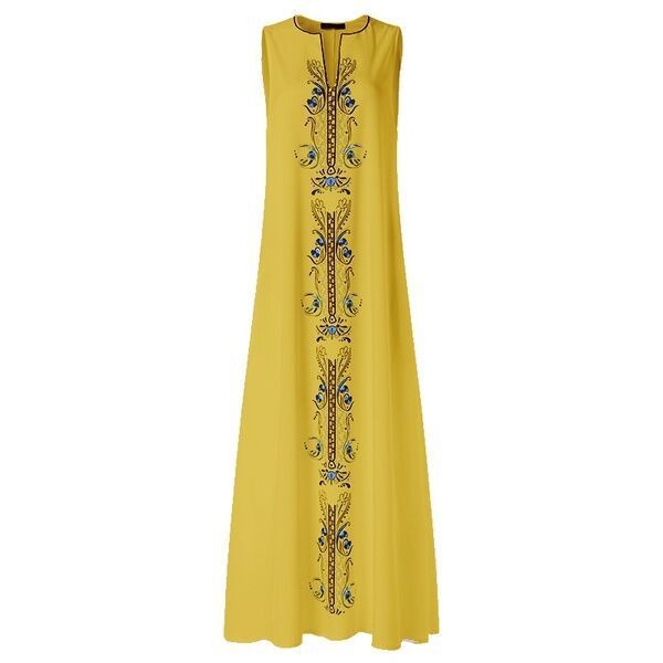 Women's Vintage Boho Print Sleeveless V-Neck Loose Casual Maxi Dress