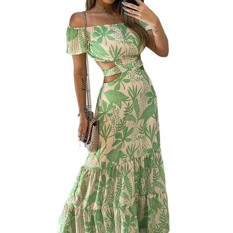 Women's Casual Summer Printed Off-Shoulder Short Sleeve Hollow-Out Dress